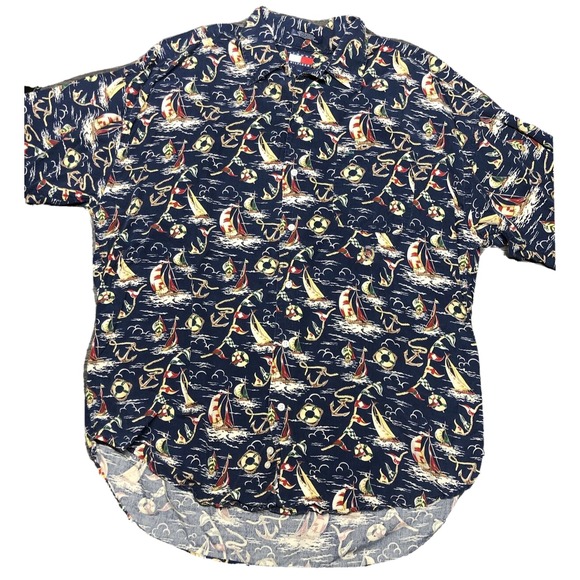 Tommy Hilfiger Hawaiian Shirt Men L Short Sleeve Nautical Sailing Print Vintage - Picture 1 of 10